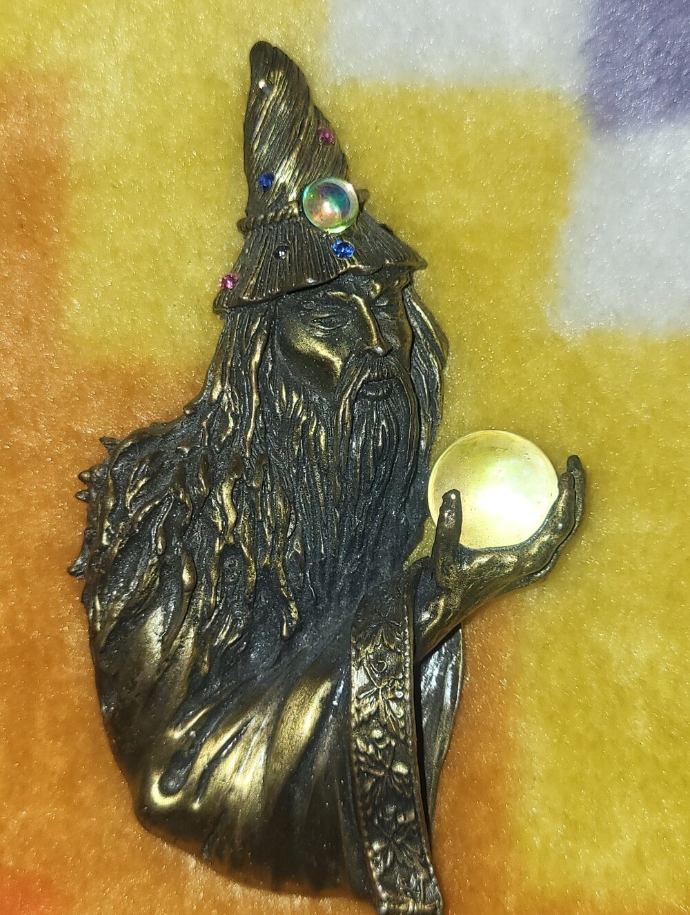 Vintage JJ Jonette Wizard Merlin Crystal Ball Brooch Pin 1980s Pewter Fantasy